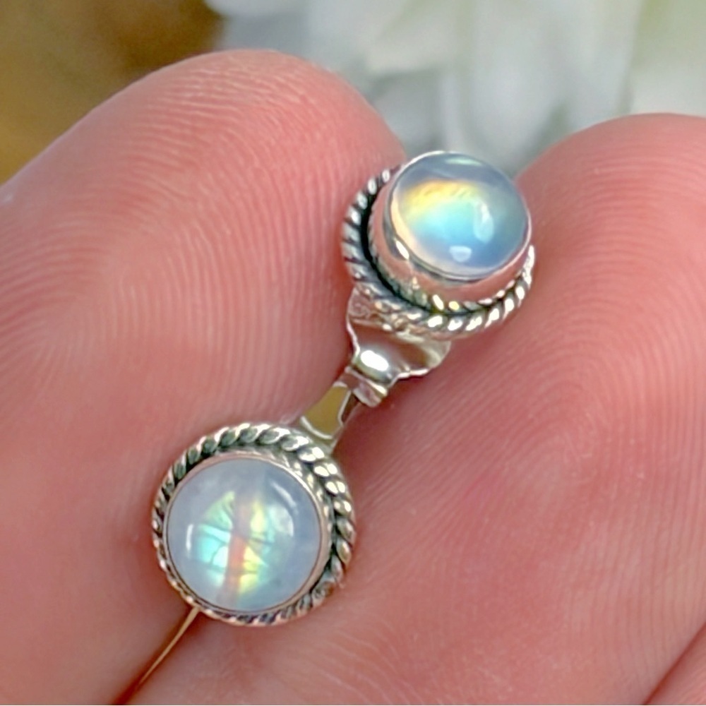 Pure Sterling Silver 925 Rainbow Moonstone Stud Earrings Southwest Blue Yellow